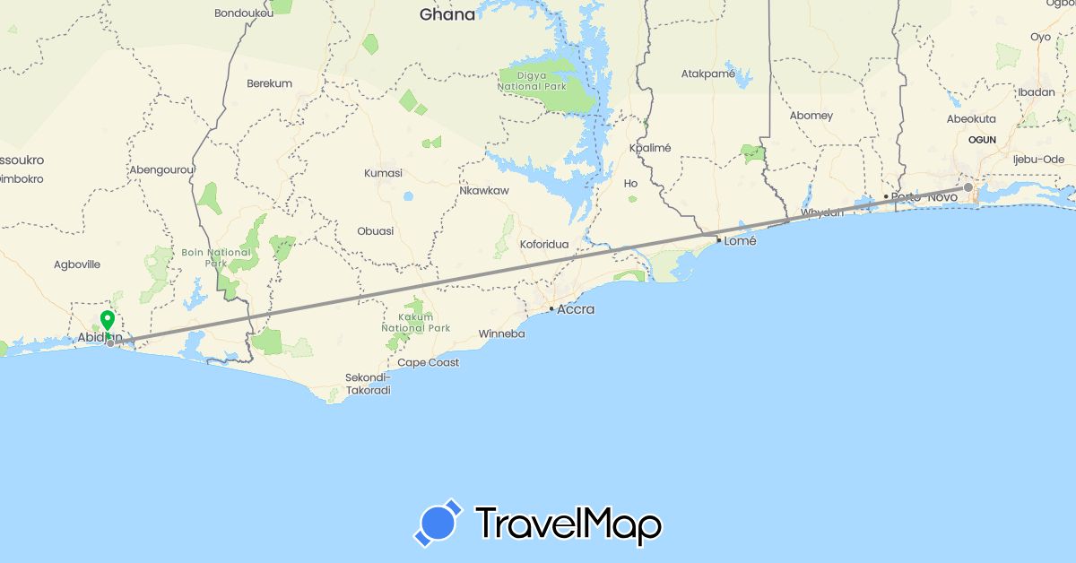 TravelMap itinerary: bus, plane in Côte d'Ivoire, Nigeria (Africa)